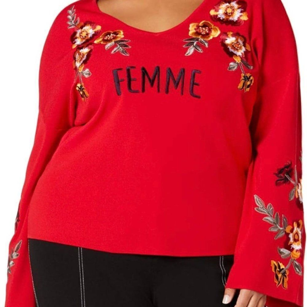 INC International Concept Red embroidered 3/4 bell sleeves sweater, size 2X